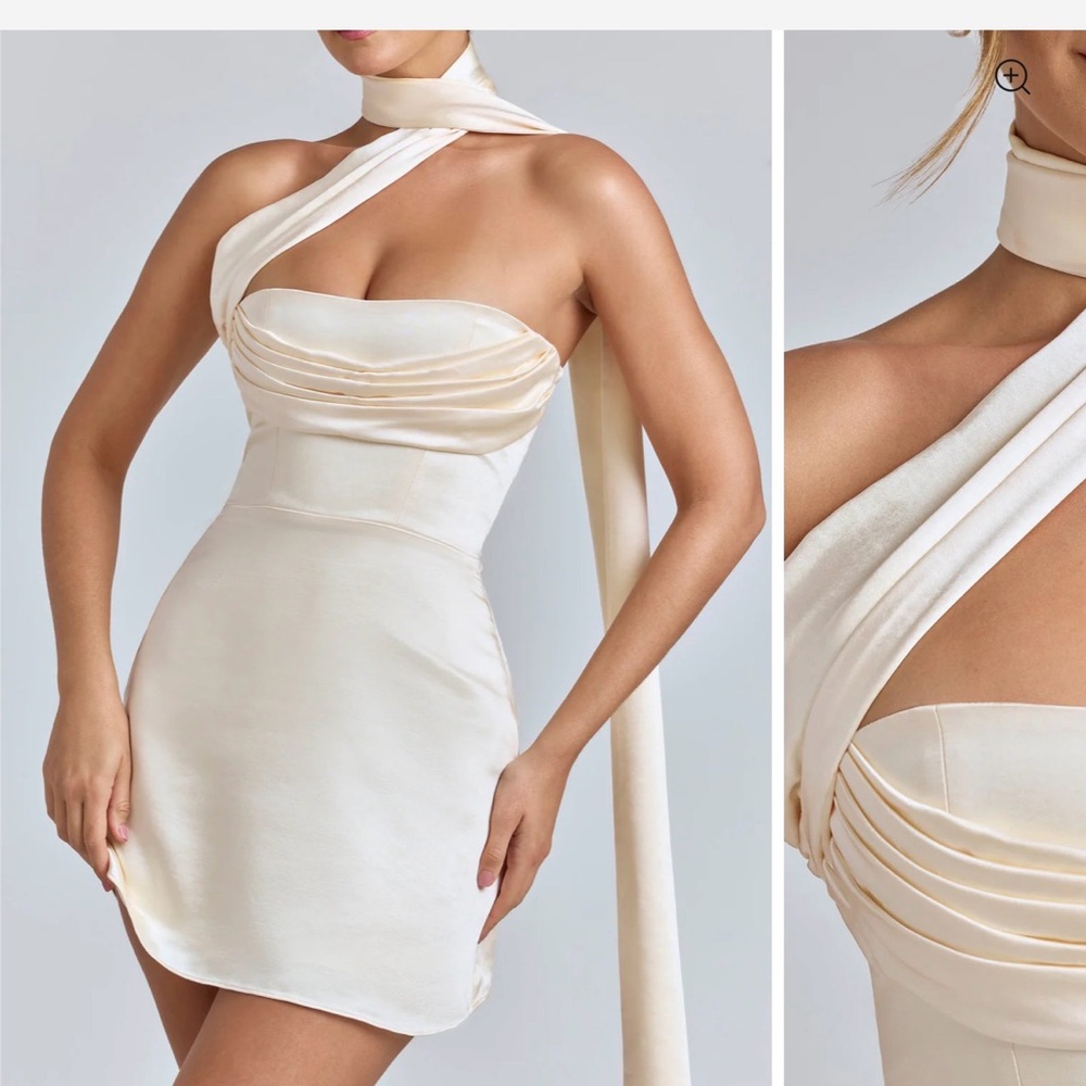 Oh Polly Satin Cream Off-Shoulder Dress